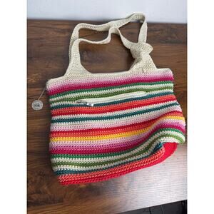 The Sak Crochet Shoulder Bag Rainbow Stripe Boho Purse w/ Logo Charm